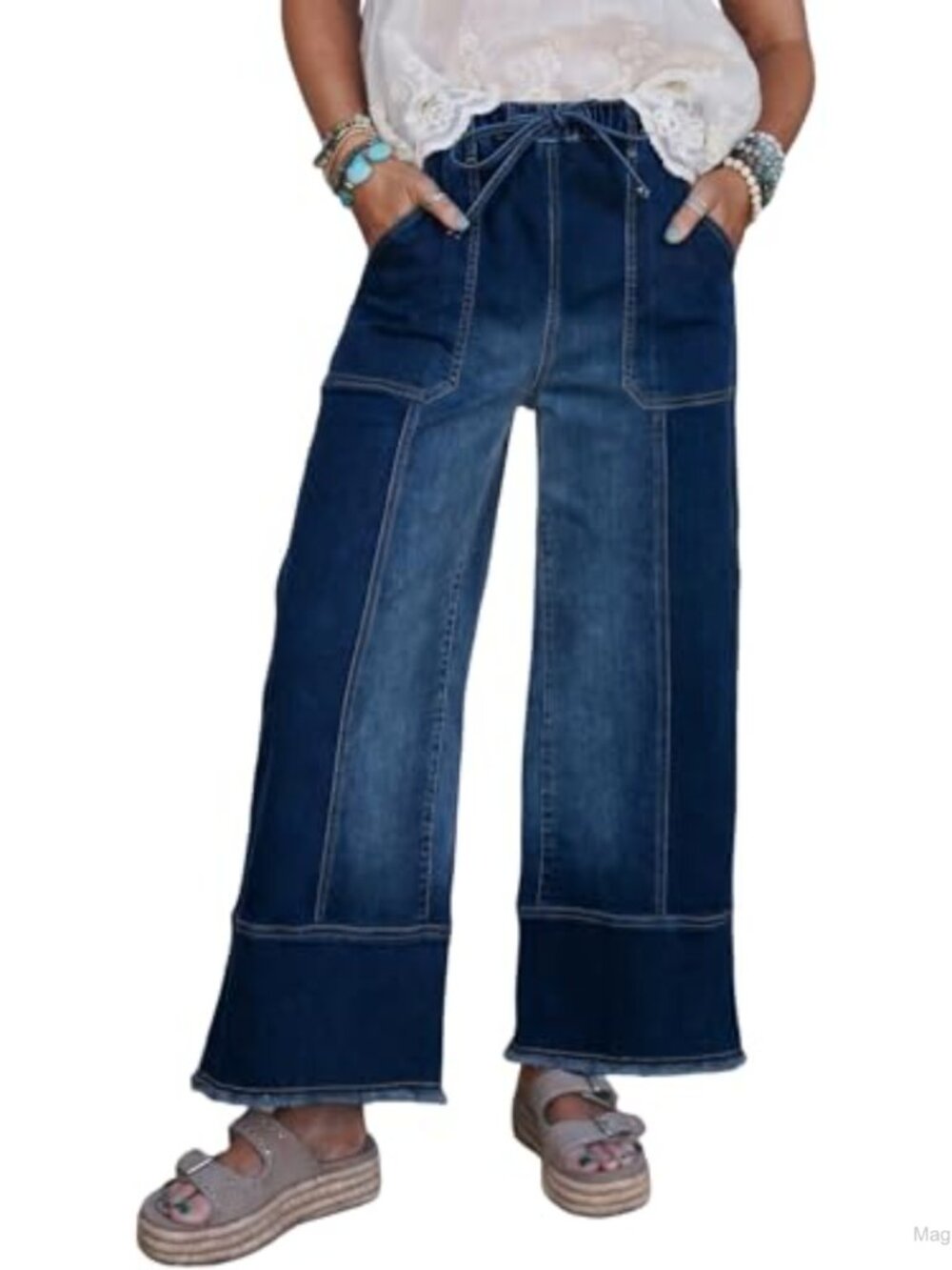 Wide Leg High Waisted Stretchy Drawstring Denim Pants Raw Hem